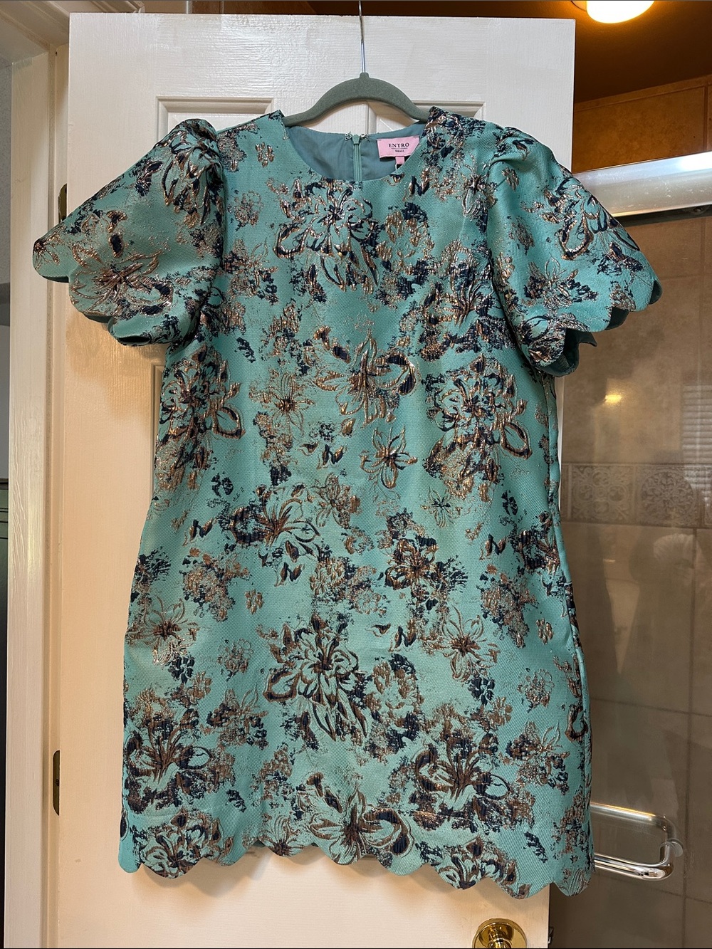 entro Mint Floral Metallic Puff-Sleeve Dress